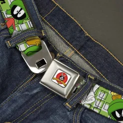 Looney Tunes Logo Full Color White Seatbelt Belt - MARVIN THE MARTIAN w/Poses White/Green Webbing