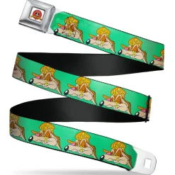 Looney Tunes Logo Full Color White Seatbelt Belt - Wile E. Coyote Hip Hop Expression Green Webbing