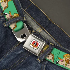Looney Tunes Logo Full Color White Seatbelt Belt - Wile E. Coyote Hip Hop Expression Green Webbing