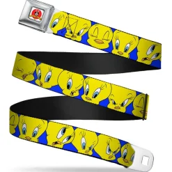 Looney Tunes Logo Full Color White Seatbelt Belt - Tweety Bird CLOSE-UP Expressions Royal Webbing