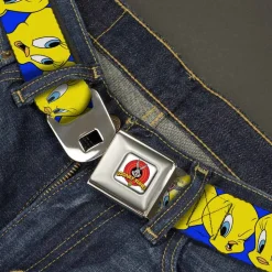 Looney Tunes Logo Full Color White Seatbelt Belt - Tweety Bird CLOSE-UP Expressions Royal Webbing