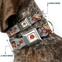 Looney Tunes Logo Full Color White Seatbelt Buckle Collar - Tasmanian Devil Expressions Gray Swirl