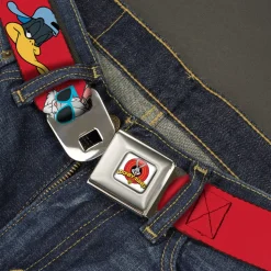 Looney Tunes Logo Full Color White Seatbelt Belt - Bugs Bunny & Daffy Duck Hip Hop Expression Red Webbing