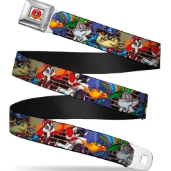 Looney Tunes Logo Full Color White Seatbelt Belt - Looney Tunes 5-Airbrushed Character Poses/Brick Wall Webbing