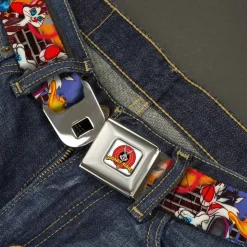 Looney Tunes Logo Full Color White Seatbelt Belt - Looney Tunes 5-Airbrushed Character Poses/Brick Wall Webbing
