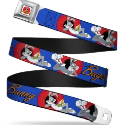 Looney Tunes Logo Full Color White Seatbelt Belt - BUGS BUNNY w/Bugs Poses Blue Webbing