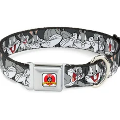 Looney Tunes Logo Full Color White Seatbelt Buckle Collar - Bugs Bunny CLOSE-UP Poses Charcoal