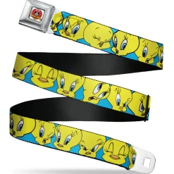 Looney Tunes Logo Full Color White Seatbelt Belt - Tweety Bird CLOSE-UP Expressions Baby Blue Webbing