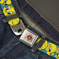 Looney Tunes Logo Full Color White Seatbelt Belt - Tweety Bird CLOSE-UP Expressions Baby Blue Webbing