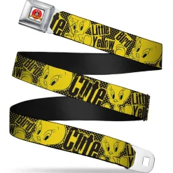 Looney Tunes Logo Full Color White Seatbelt Belt - Tweety Bird Poses CUTE LITTLE YELLOW BIRD Yellow/Black Webbing