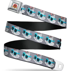 Looney Tunes Logo Full Color White Seatbelt Belt - Bugs Bunny Sunglasses Expression Gray Webbing