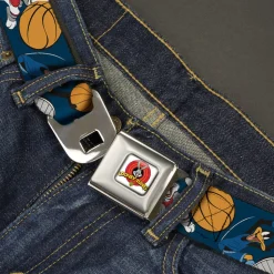 Looney Tunes Logo Full Color White Seatbelt Belt - Looney Tunes Basketball 8-Player Action Poses Navy Webbing