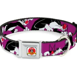 Looney Tunes Logo Full Color White Seatbelt Buckle Collar - Sylvester the Cat Poses Purple