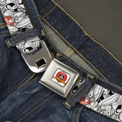 Looney Tunes Logo Full Color White Seatbelt Belt - Bugs Bunny Expressions Stacked White/Black/Gray Webbing
