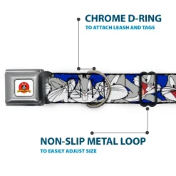 Looney Tunes Logo Full Color White Seatbelt Buckle Collar - Bugs Bunny CLOSE-UP Poses Blue