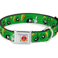 Looney Tunes Logo Full Color White Seatbelt Buckle Collar - MARVIN THE MARTIAN w/Poses/Expressions Green