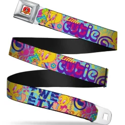 Looney Tunes Logo Full Color White Seatbelt Belt - Tweety Bird Poses LITTLE CUTIE-LOVEABLE Blue/Multi Color Webbing