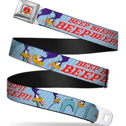 Looney Tunes Logo Full Color White Seatbelt Belt - MEEP MEEP!! w/Road Runner Poses Baby Blue Webbing