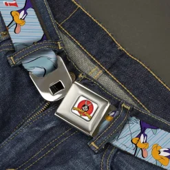 Looney Tunes Logo Full Color White Seatbelt Belt - MEEP MEEP!! w/Road Runner Poses Baby Blue Webbing