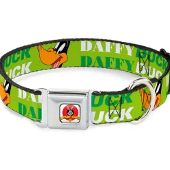 Looney Tunes Logo Full Color White Seatbelt Buckle Collar - DAFFY DUCK w/Face CLOSE-UP Greens
