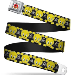 Looney Tunes Logo Full Color White Seatbelt Belt - Tweety Bird & Crossbones Black/White/Yellow Webbing