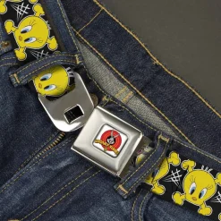 Looney Tunes Logo Full Color White Seatbelt Belt - Tweety Bird & Crossbones Black/White/Yellow Webbing
