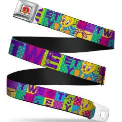 Looney Tunes Logo Full Color White Seatbelt Belt - TWEETY Letter Blocks Polka Dot Multi Color Webbing