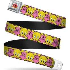 Looney Tunes Logo Full Color White Seatbelt Belt - Tweety Bird & Crossbones Pink/Black/Yellow Webbing