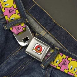 Looney Tunes Logo Full Color White Seatbelt Belt - Tweety Bird & Crossbones Pink/Black/Yellow Webbing