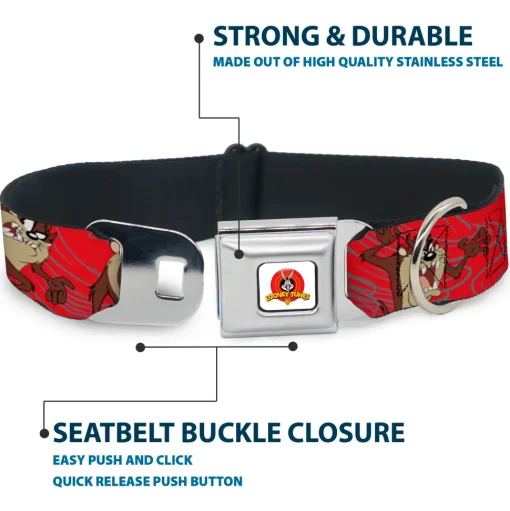 Looney Tunes Logo Full Color White Seatbelt Buckle Collar - Tasmanian Devil Expressions Red Swirl