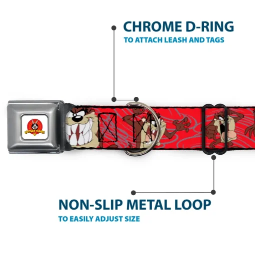 Looney Tunes Logo Full Color White Seatbelt Buckle Collar - Tasmanian Devil Expressions Red Swirl