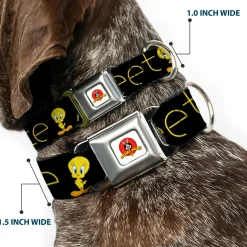 Looney Tunes Logo Full Color White Seatbelt Buckle Collar - Tweety Bird Poses CUTE AND SWEET Black/Yellow