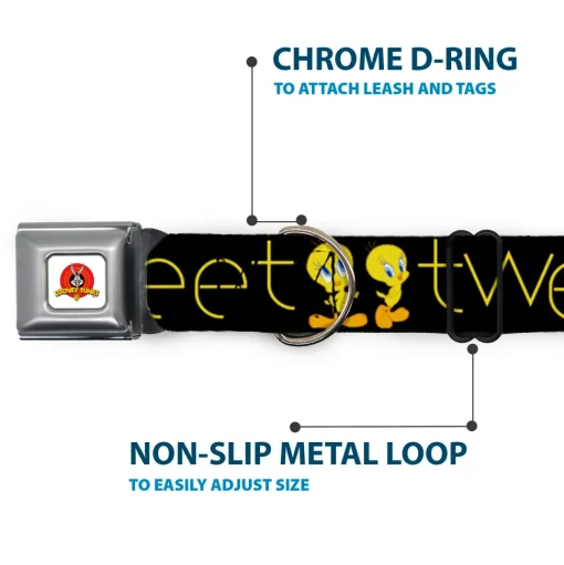 Looney Tunes Logo Full Color White Seatbelt Buckle Collar - Tweety Bird Poses CUTE AND SWEET Black/Yellow