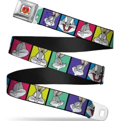 Looney Tunes Logo Full Color White Seatbelt Belt - Bugs Bunny Expression Blocks Multi Color Webbing