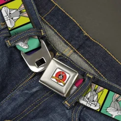Looney Tunes Logo Full Color White Seatbelt Belt - Bugs Bunny Expression Blocks Multi Color Webbing