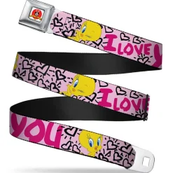 Looney Tunes Logo Full Color White Seatbelt Belt - Tweety Bird I LOVE YOU Pink/Black Webbing