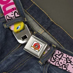 Looney Tunes Logo Full Color White Seatbelt Belt - Tweety Bird I LOVE YOU Pink/Black Webbing