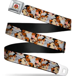 Looney Tunes Logo Full Color White Seatbelt Belt - Tasmanian Devil Vortex Poses Stacked Black Webbing