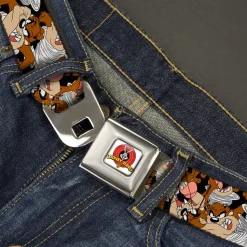 Looney Tunes Logo Full Color White Seatbelt Belt - Tasmanian Devil Vortex Poses Stacked Black Webbing