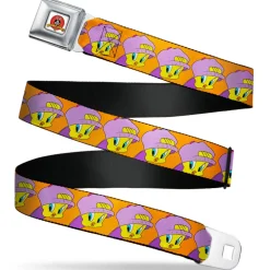 Looney Tunes Logo Full Color White Seatbelt Belt - Tweety Bird Hip Hop Expression Orange Webbing