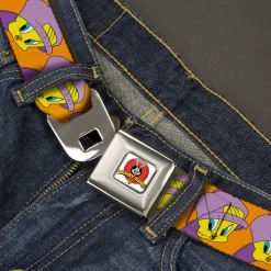 Looney Tunes Logo Full Color White Seatbelt Belt - Tweety Bird Hip Hop Expression Orange Webbing