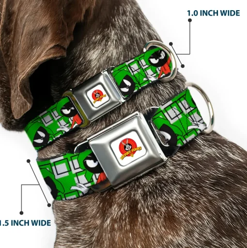 Looney Tunes Logo Full Color White Seatbelt Buckle Collar - MARVIN THE MARTIAN w/Poses White/Green