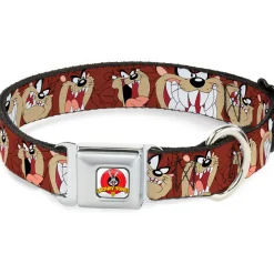 Looney Tunes Logo Full Color White Seatbelt Buckle Collar - Tasmanian Devil Expressions Brown