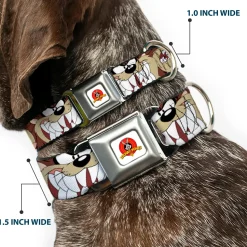 Looney Tunes Logo Full Color White Seatbelt Buckle Collar - Tasmanian Devil Expressions Brown