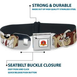 Looney Tunes Logo Full Color White Seatbelt Buckle Collar - Tasmanian Devil Expressions Brown