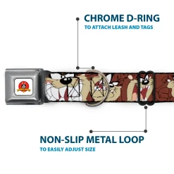 Looney Tunes Logo Full Color White Seatbelt Buckle Collar - Tasmanian Devil Expressions Brown