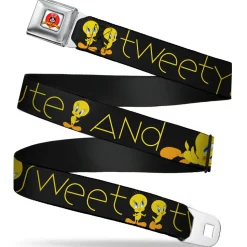 Looney Tunes Logo Full Color White Seatbelt Belt - Tweety Bird Poses CUTE AND SWEET Black/Yellow Webbing