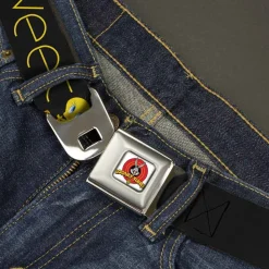 Looney Tunes Logo Full Color White Seatbelt Belt - Tweety Bird Poses CUTE AND SWEET Black/Yellow Webbing