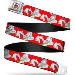 Looney Tunes Logo Full Color White Seatbelt Belt - Bugs Bunny Hip Hop Pose Red Webbing