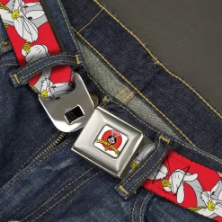 Looney Tunes Logo Full Color White Seatbelt Belt - Bugs Bunny Hip Hop Pose Red Webbing